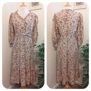 Blu Pepper Puff Sleeve Ditsy Floral Peasant Midi Dress Brown White Large